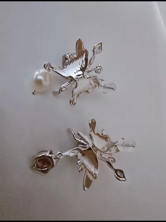 Assymetrical Earrings - 925 Silver Needle, Natural Stone ,Pearl & Crystal - Picture 4 of 4